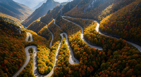 Aerial view of winding mountain road in autumn forest. Carpathians, Ukraineの写真素材