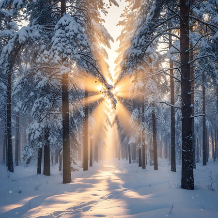 Beautiful winter landscape with snow-covered trees and sun rays.の写真素材