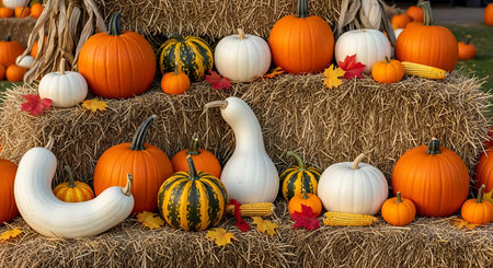 Pumpkins and gourds at a pumpkin patch in autumnの写真素材