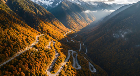 Aerial view of the winding road in the mountains in autumn.