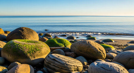 Sunset on the beach in the summer with rocks and green mossの写真素材