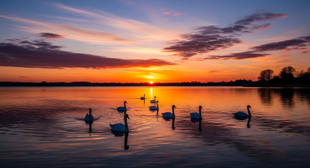 Beautiful sunset over the lake with white swans in the foregroundの写真素材