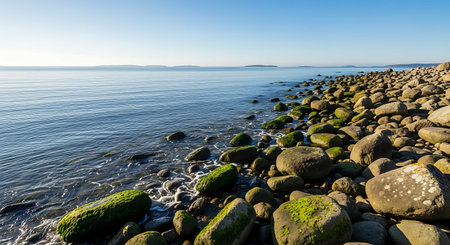 rocky beach in baltic sea in autumn with blue sky