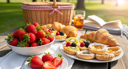 Breakfast in the garden on a wooden table with croissants and fruits.