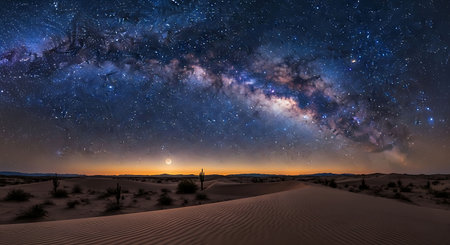 Milky Way over the desert dunes at night with starry skyの写真素材