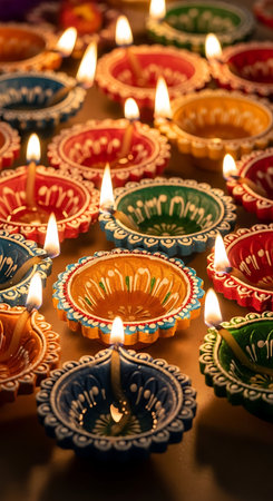 Beautiful diya lamps lit during Diwali celebration in India