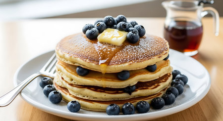 Pancakes with blueberries and maple syrup on a wooden table