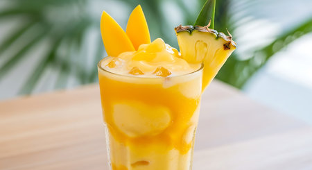 Pineapple Mango smoothie on wooden table, stock photo