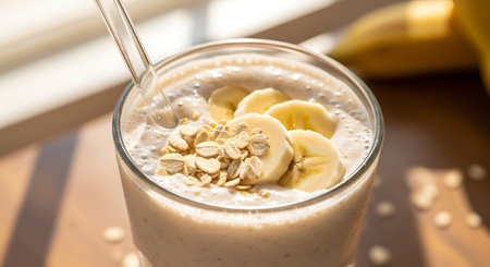 Banana smoothie with oatmeal and banana slices in a glassの写真素材