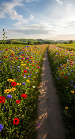 Field of cornflowers and cornflowers in the countryside.