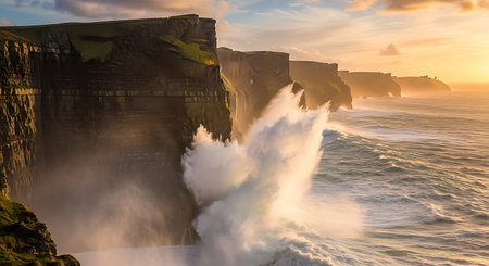 Panoramic view of the famous Cliffs of Moher in County Clare, Irelandの写真素材