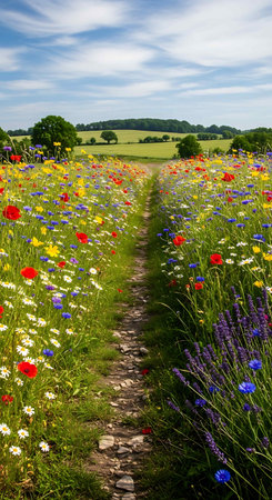 Trail through a field of flowers