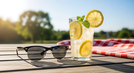 Summer lemonade with lemon and mint in a glass on a wooden tableの写真素材