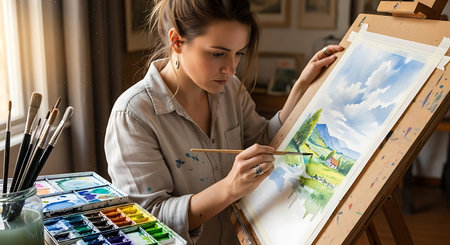 Female artist painting picture on canvas in art studio. Female artist drawing picture on canvasの写真素材