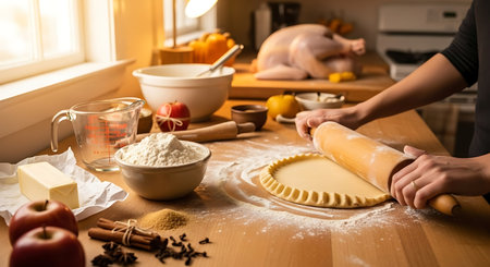 Cropped image of woman rolling dough with rolling pin on kitchen tableの写真素材
