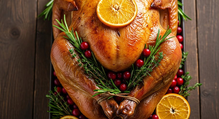 Roast chicken with cranberries, oranges and rosemary on wooden backgroundの写真素材
