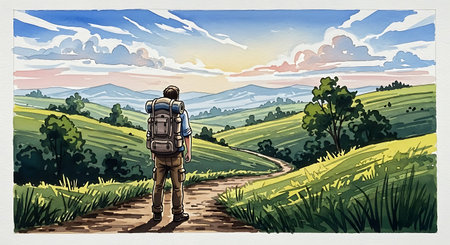 Hiker with backpack on the trail. Hand drawn vector illustration.の写真素材