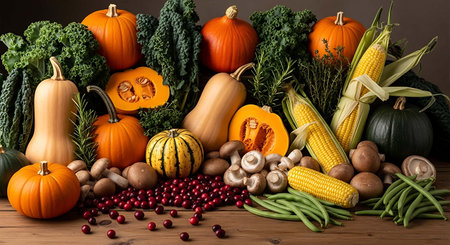 Autumn still life with pumpkins, corn, mushrooms and vegetables