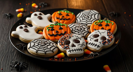 Halloween cookies on a plate with candies on a wooden background