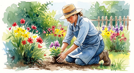 Watercolor illustration of a gardener planting flowers in the garden.の写真素材