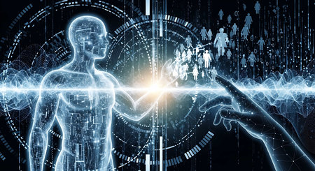 Digital composite of 3D man touching hologram screen with digital interface