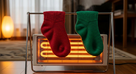 A pair of red and green socks on an electrical heaterの写真素材