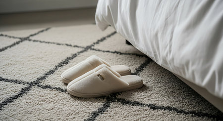 White slippers on a carpet in the bedroom. Selective focus.の写真素材