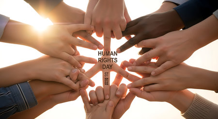 Teamwork concept. Close up of human hands holding each other in circleの写真素材