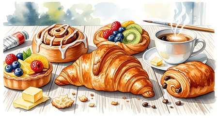 Coffee and croissants on wooden table. Vector illustration.の写真素材
