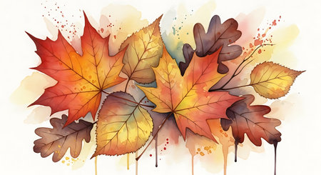 Autumn background with colorful leaves and watercolor splashes. Vector illustration.の写真素材