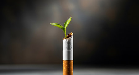 Cigarette with a green sprout on a dark background. The concept of quitting smoking.の写真素材