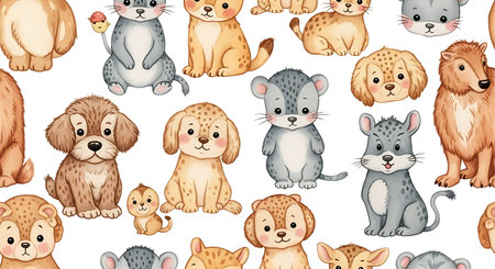 Seamless pattern with cute cartoon animals on white background illustration.の写真素材