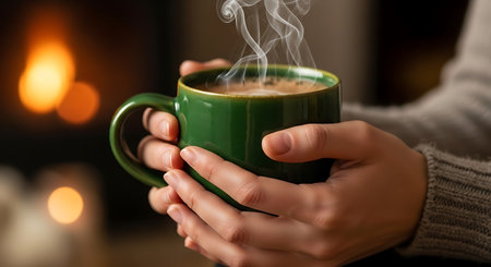 Woman holding cup of hot coffee at home, closeup. Cozy atmosphere