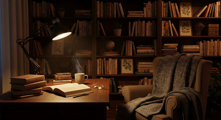 Bookshelf with books and a cup of coffee. 3d renderingの写真素材