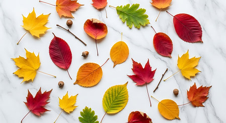 Colorful autumn leaves on white marble background. Flat lay, top view