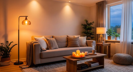 Cozy living room interior with beige sofa, coffee table and burning candles