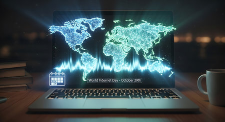 Laptop with abstract glowing digital world map on blurry background 3D renderingの写真素材