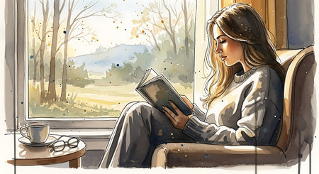 Girl reading book on the windowsill in the morning. Beautiful landscape.の写真素材