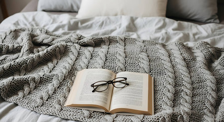Book and eyeglasses on the bed. Cozy home interior.の写真素材
