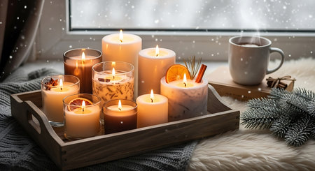 Burning candles in wooden tray on windowsill, Christmas decor and snowfallの写真素材