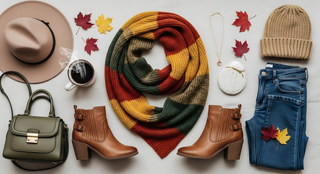 Flat lay composition with autumn clothes and accessories on white background.の写真素材