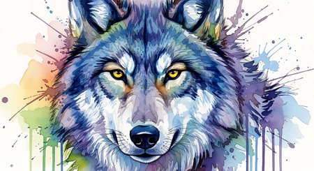Watercolor portrait of a wolf in front of a watercolor backgroundの写真素材