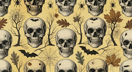 Seamless pattern with skull and autumn leaves. Halloween background.の写真素材