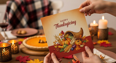 Hands holding card with Happy Thanksgiving text in front of table with pumpkinsの写真素材