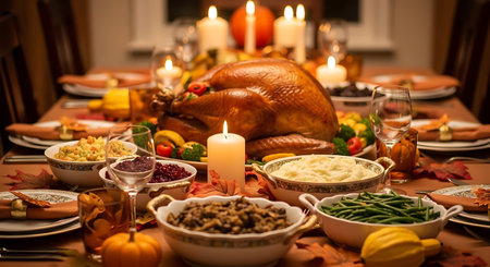 Thanksgiving dinner with roasted turkey, mashed potatoes and vegetables on tableの写真素材