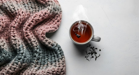 Cup of tea and knitted scarf on white background, top viewの写真素材