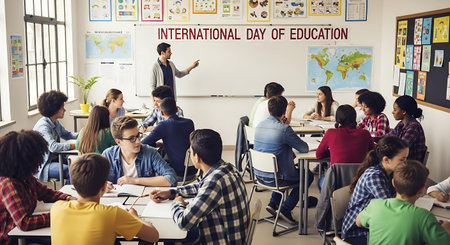 International Day of Knowledge Education Concept. Group of students in a classroomの写真素材