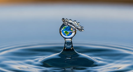 Water drop collision with a world globe. Water splashes and ripplesの写真素材