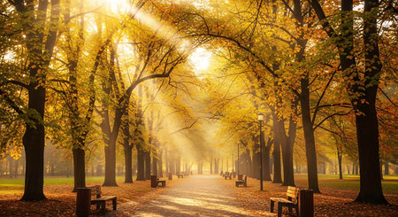 Autumn park with sunbeams and benches. Beautiful autumn landscapeの写真素材