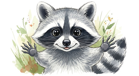 Cute raccoon with green leaves. Vector illustration on white background.の写真素材